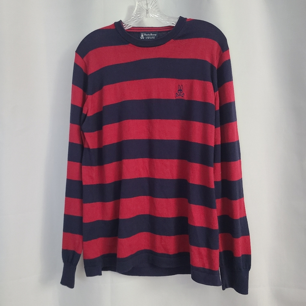 Psycho Bunny Sz S Red Navy Stripe Preppy Crew Neck Pima Cotton Sweater